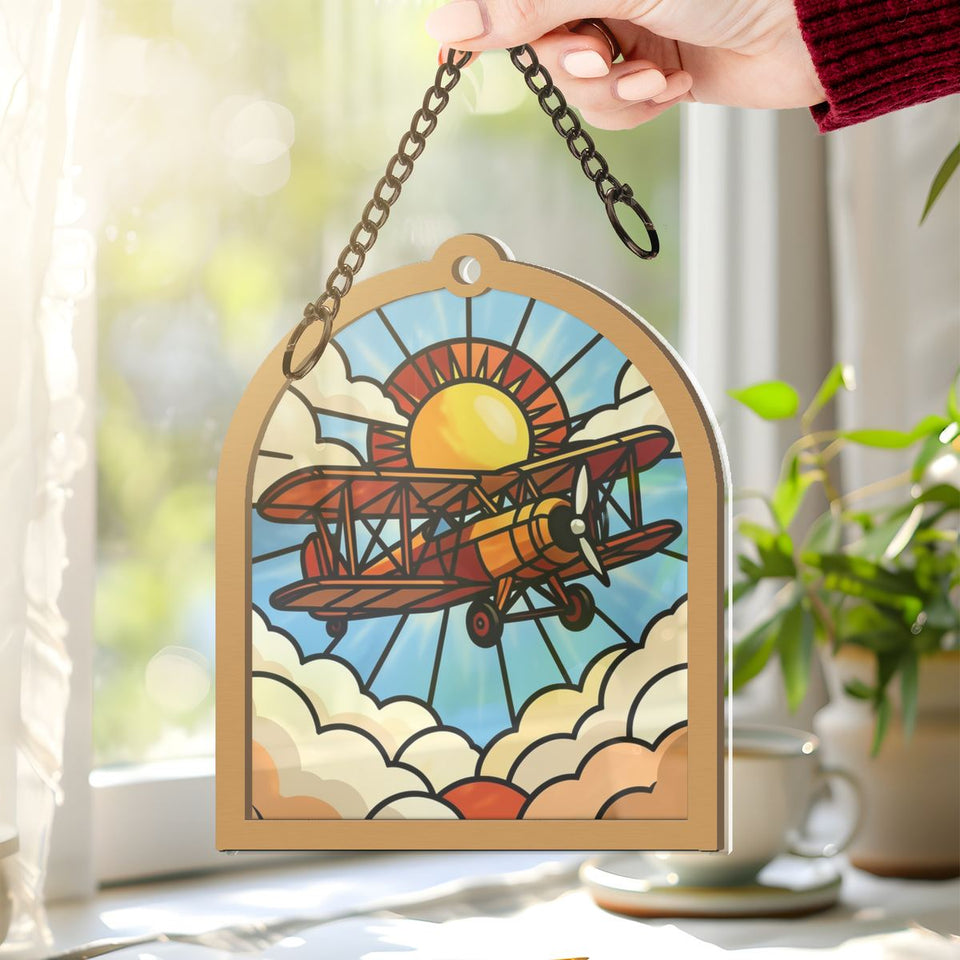 Vintage Biplane Clouds Arch Window Hanging Suncatcher