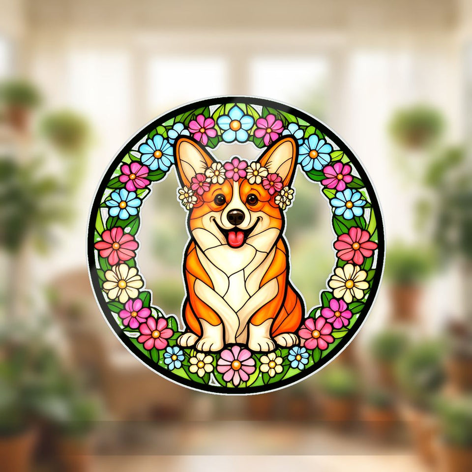 Corgi Wildflower Circle Wavy Acrylic Suncatcher Ornament