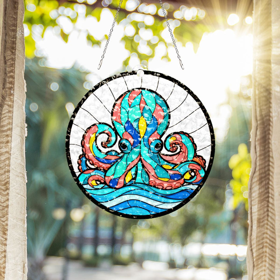 Curious Octopus Wave Circle Water Ripple Suncatcher