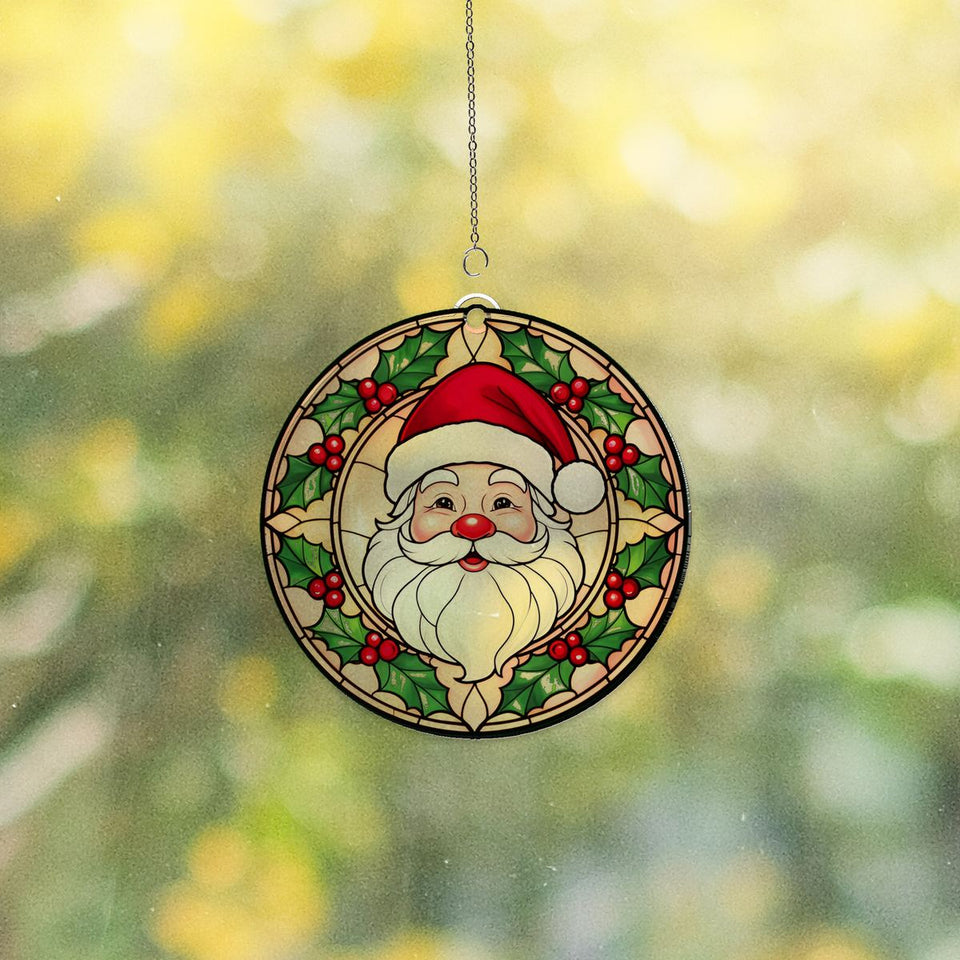 Santa Face Holly Circle Acrylic Suncatcher