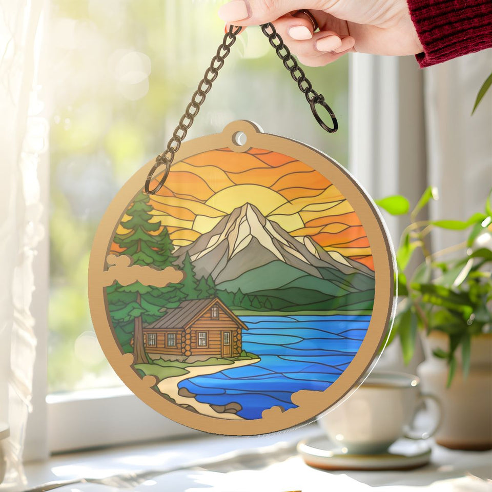 Cozy Cabin Lake Circle Window Hanging Suncatcher