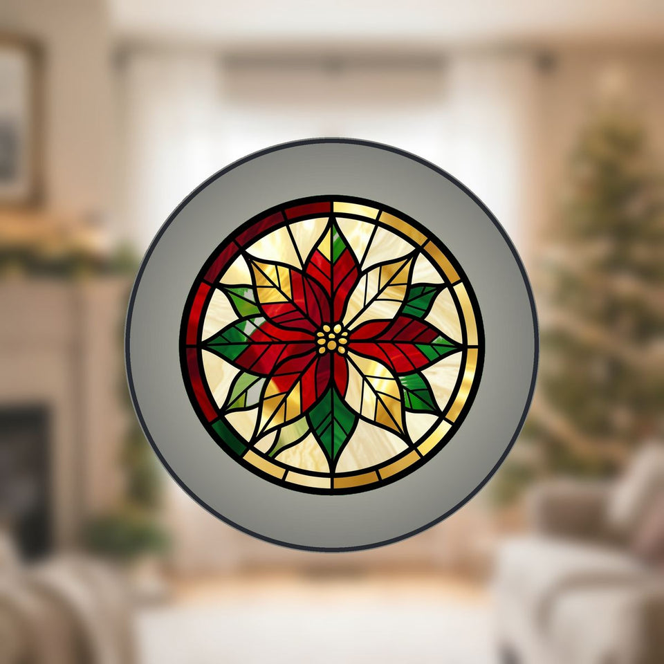 Poinsettia Wreath Circle Stained Glass Suncatcher