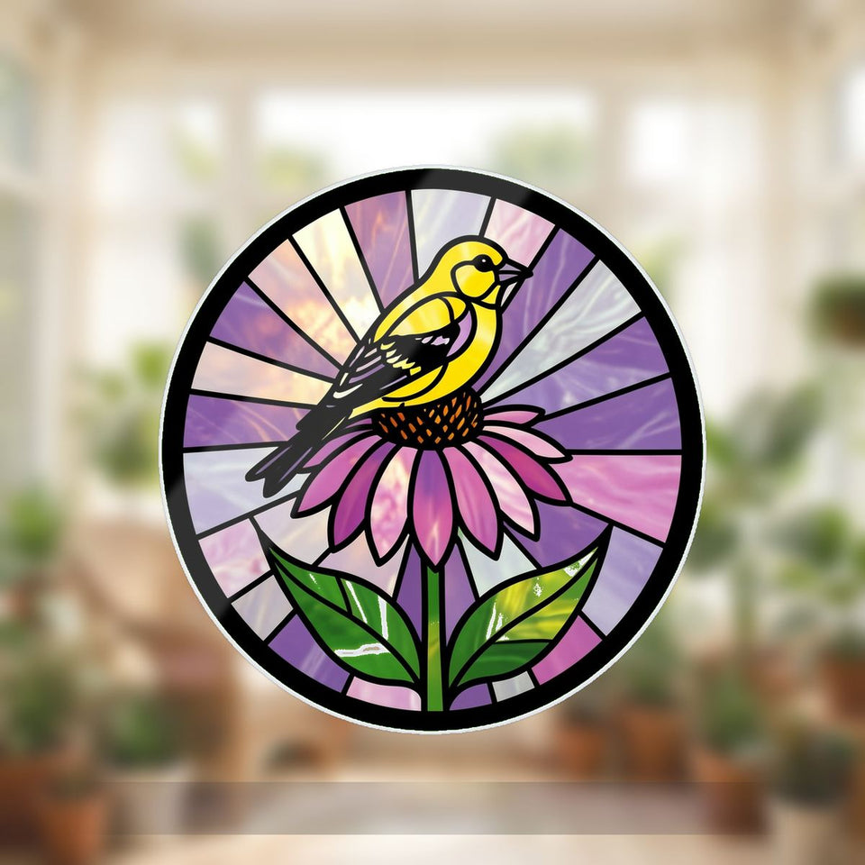 Goldfinch Coneflower Circle Wavy Acrylic Suncatcher Ornament