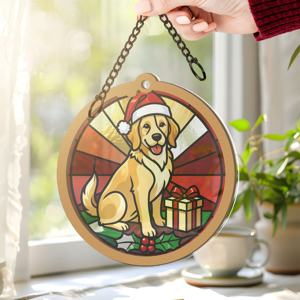 Christmas Dog Santa Hat Circle Window Hanging Suncatcher