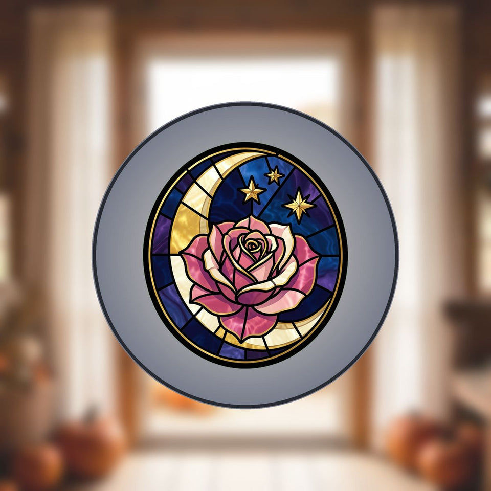 Celestial Rose Moon Circle Stained Glass Suncatcher