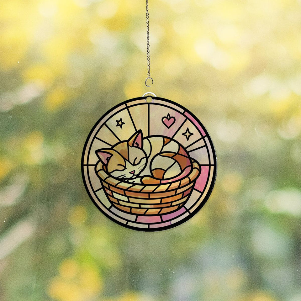 Sleeping Kitten Basket Circle Acrylic Suncatcher