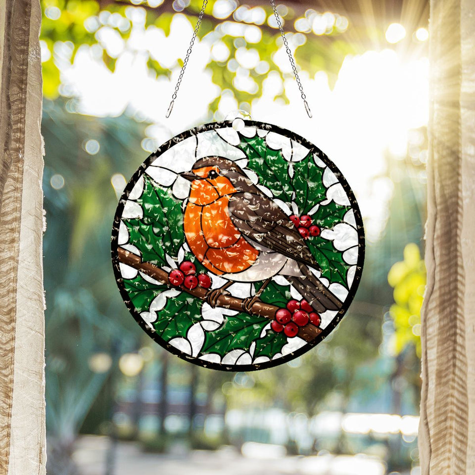 Winter Robin Berry Branch Water Ripple Suncatcher