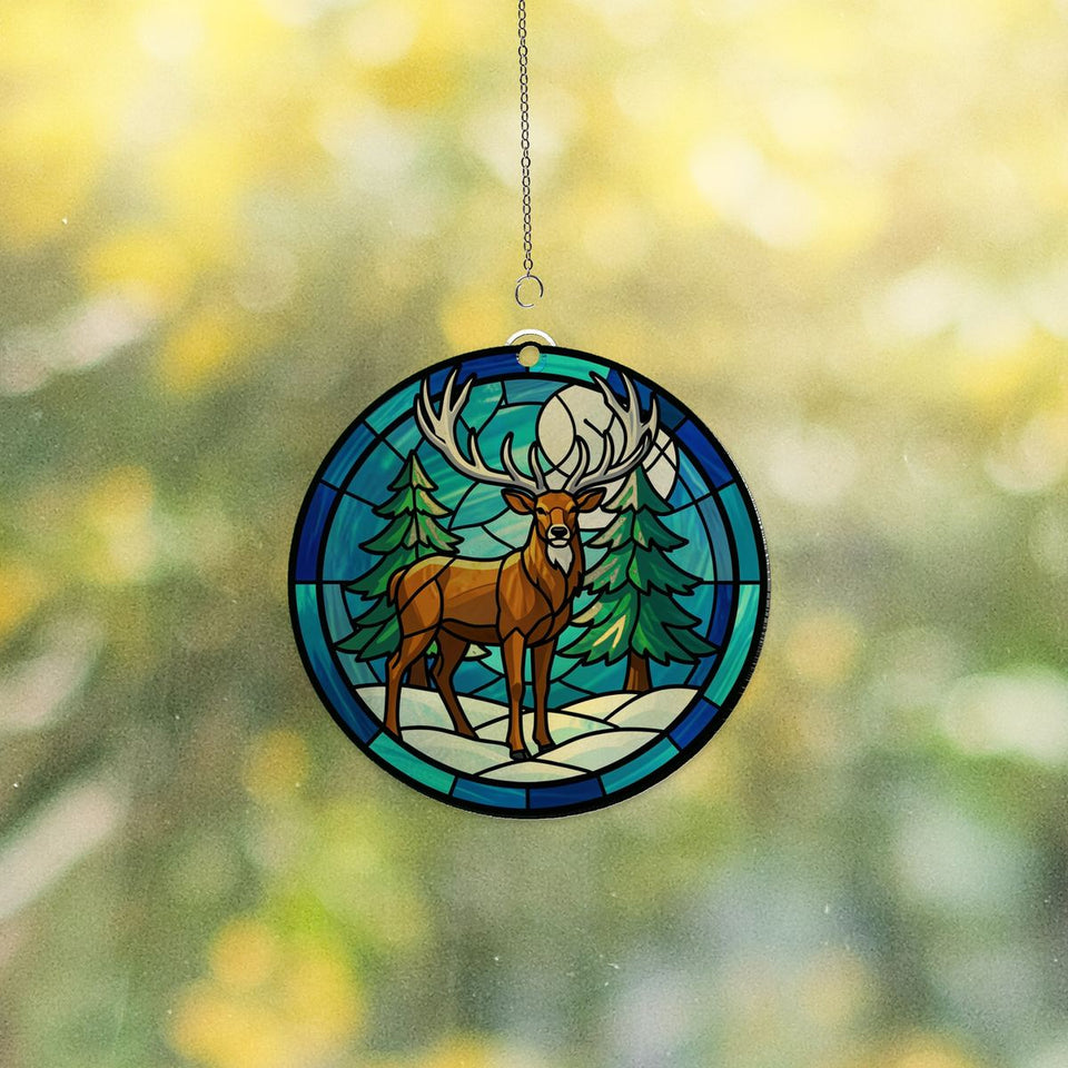 Winter Stag Evergreen Circle Acrylic Suncatcher