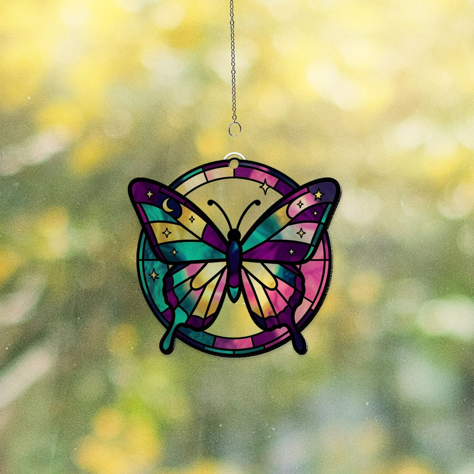 Celestial Butterfly Moon Circle Acrylic Suncatcher
