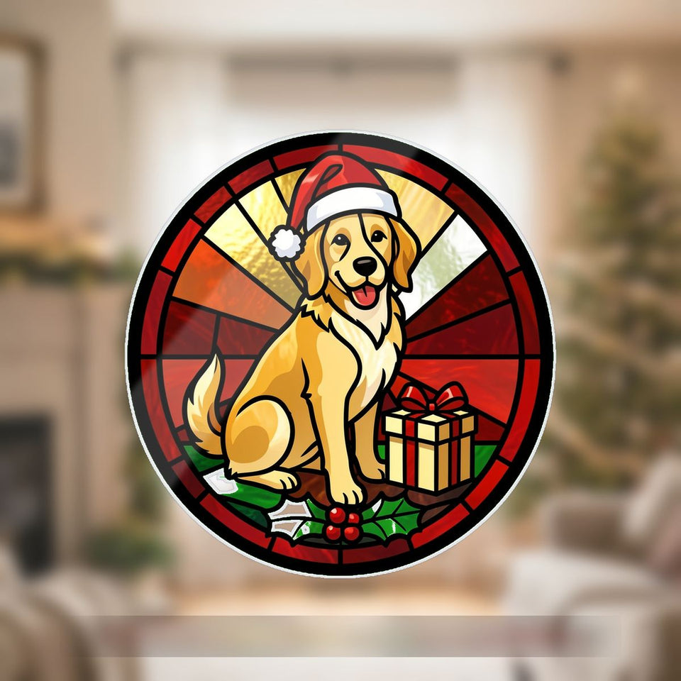 Christmas Dog Santa Hat Circle Wavy Acrylic Suncatcher Ornament