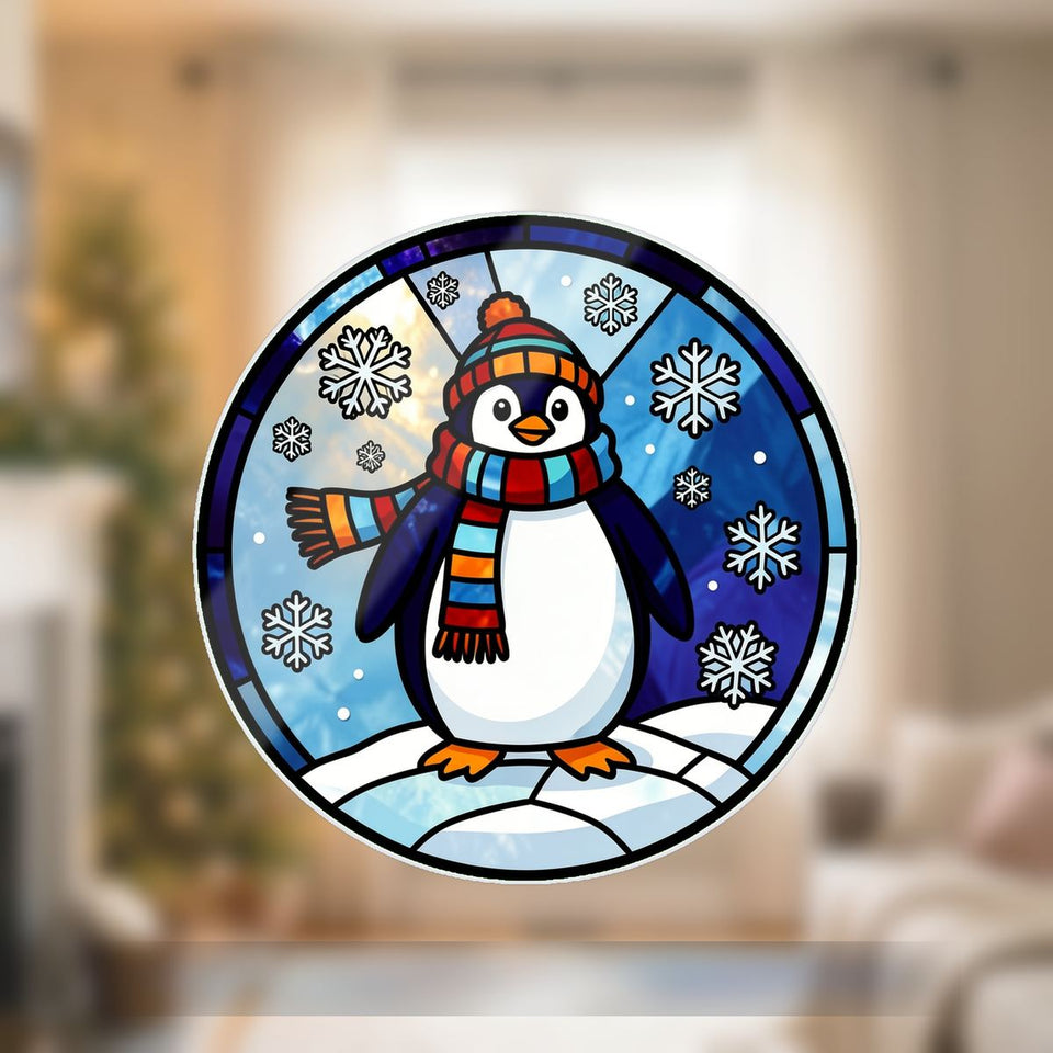 Winter Penguin Scarf Circle Wavy Acrylic Suncatcher Ornament