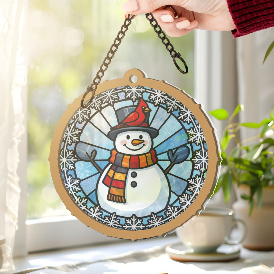 Snowman Cardinal Circle Window Hanging Suncatcher