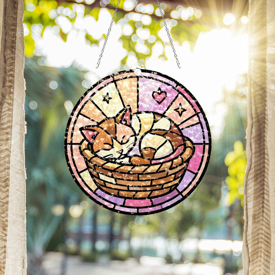 Sleeping Kitten Basket Circle Water Ripple Suncatcher