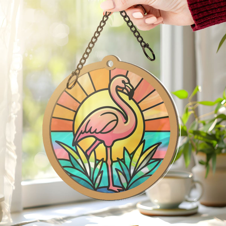 Pink Flamingo Sunset Circle Window Hanging Suncatcher