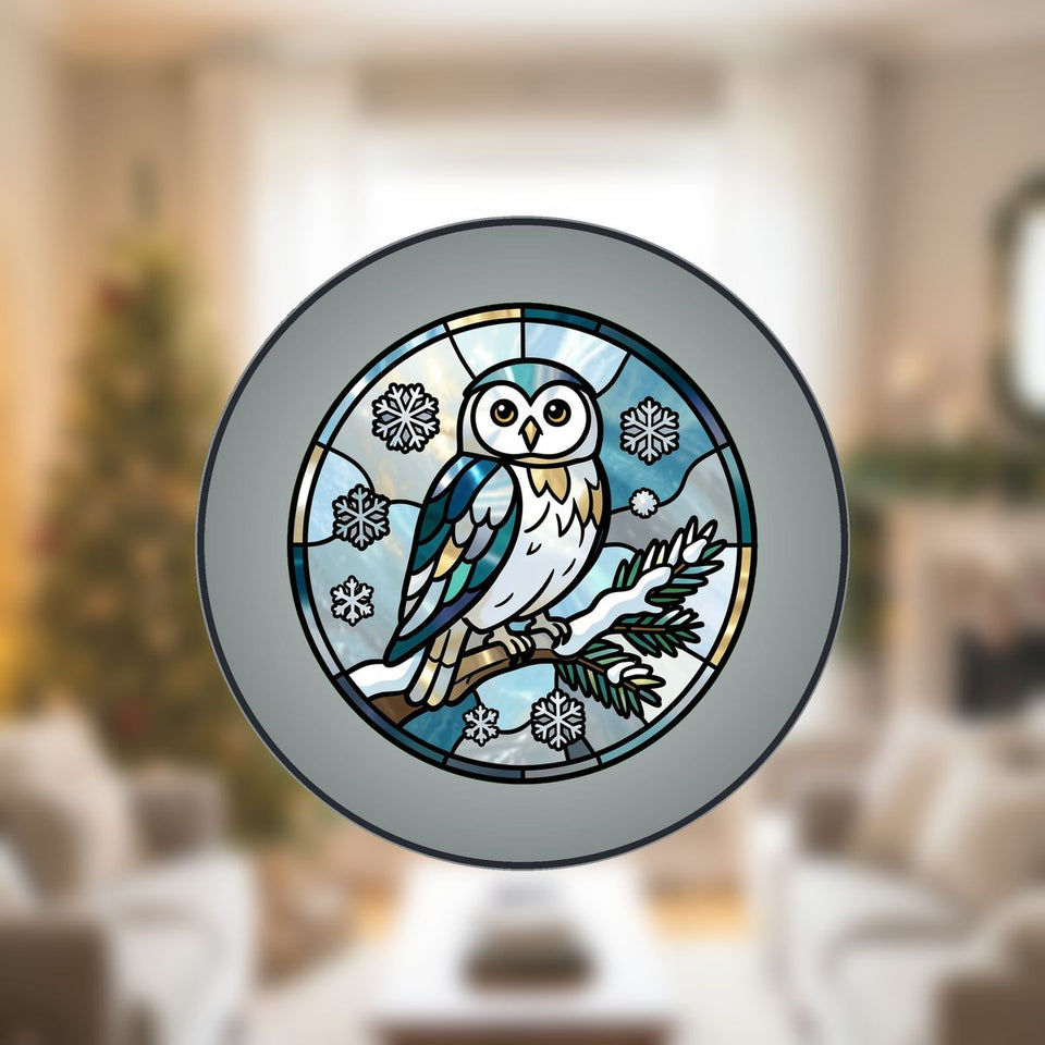 Snowy Owl Pine Circle Stained Glass Suncatcher