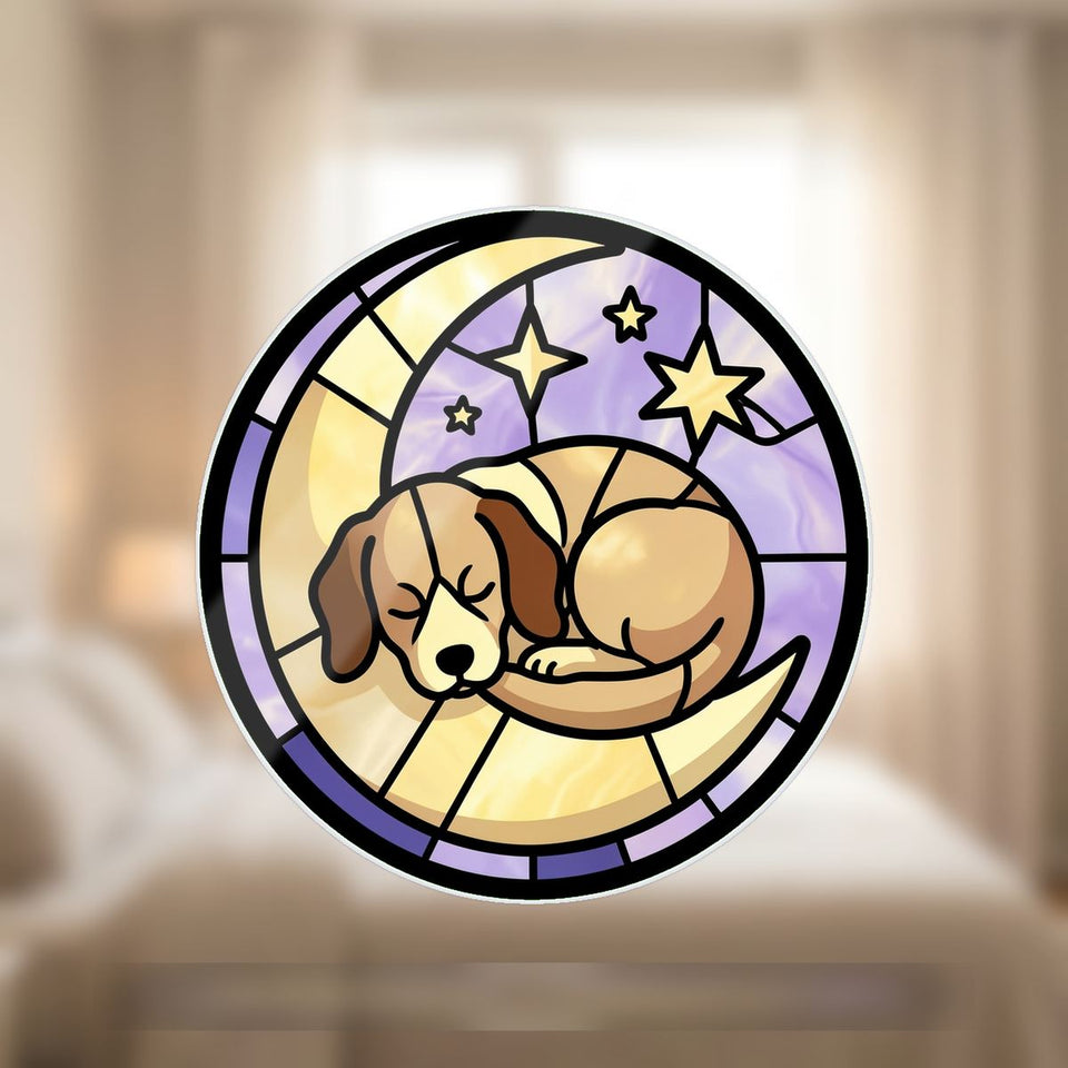 Sleeping Puppy Moon Circle Wavy Acrylic Suncatcher Ornament