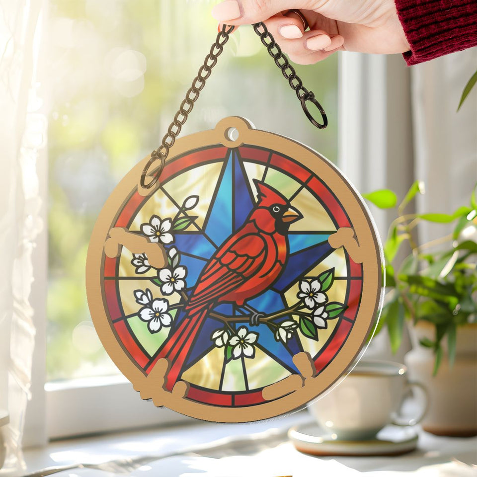 Patriotic Cardinal Star Circle Window Hanging Suncatcher