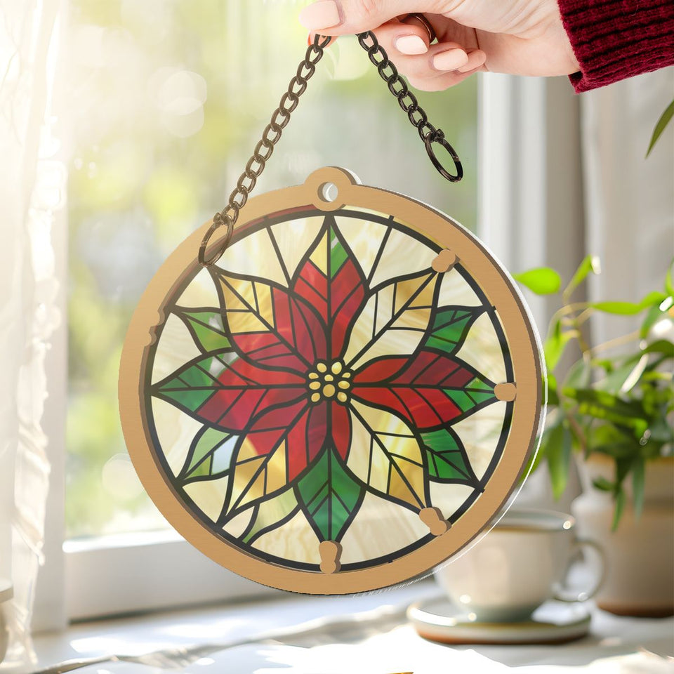 Poinsettia Wreath Circle Window Hanging Suncatcher