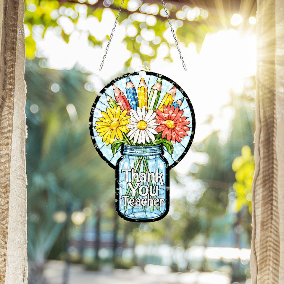 Teacher Flower Jar Circle Water Ripple Suncatcher
