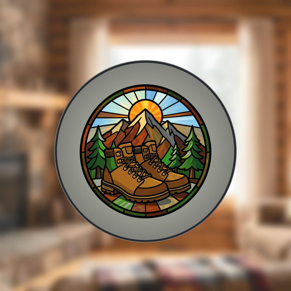 Hiking Boots Mountain Circle Stained Glass Suncatcher
