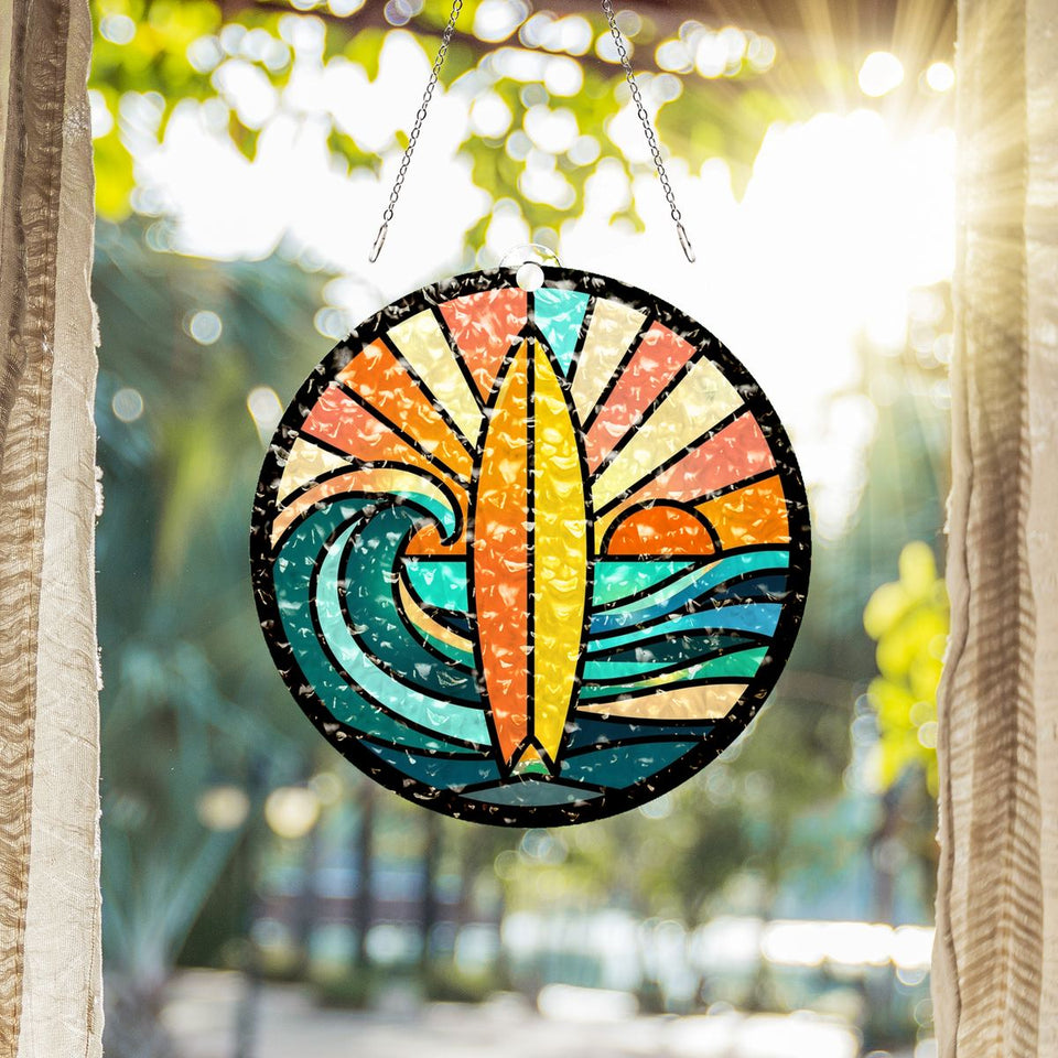 Surfboard Wave Sunset Circle Water Ripple Suncatcher