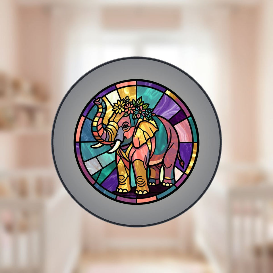 Elephant Wildflower Circle Stained Glass Suncatcher