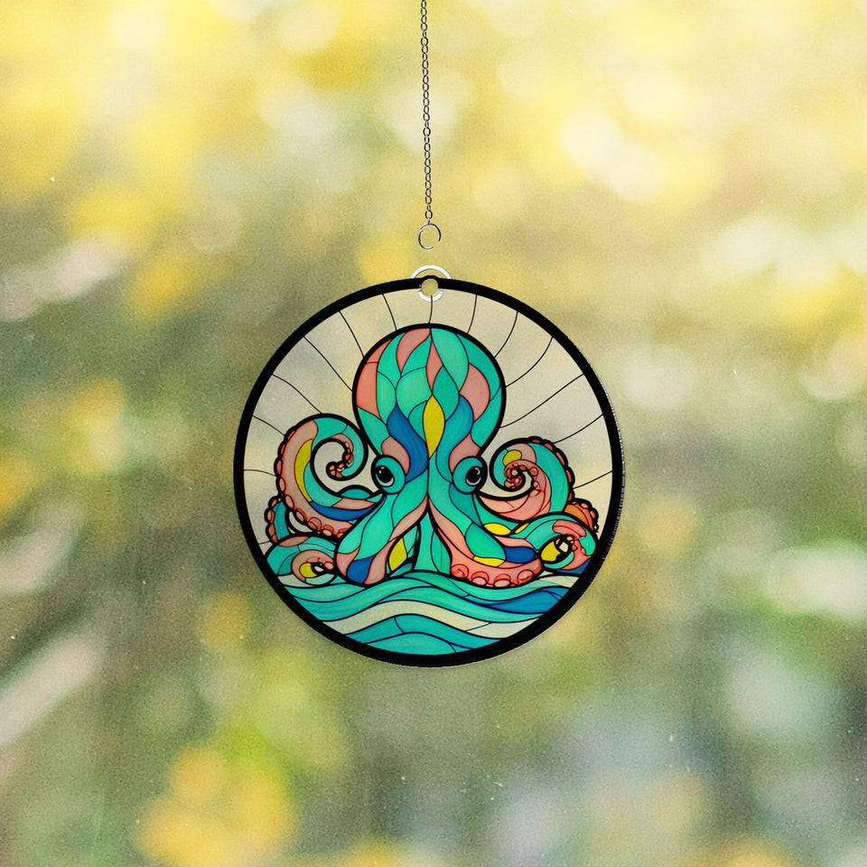 Curious Octopus Wave Circle Acrylic Suncatcher