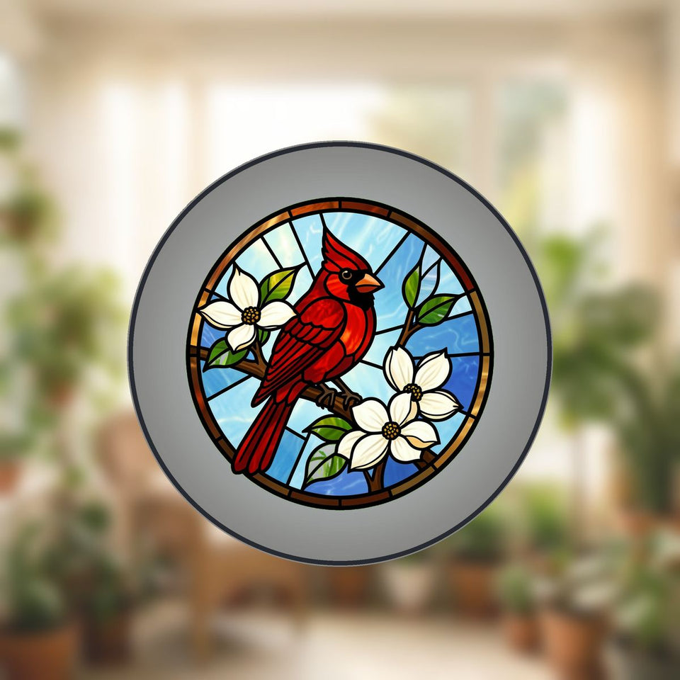 Cardinal Dogwood Circle Stained Glass Suncatcher