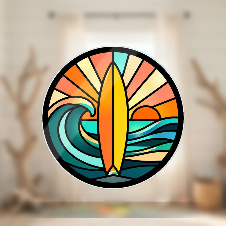 Surfboard Wave Sunset Circle Wavy Acrylic Suncatcher Ornament