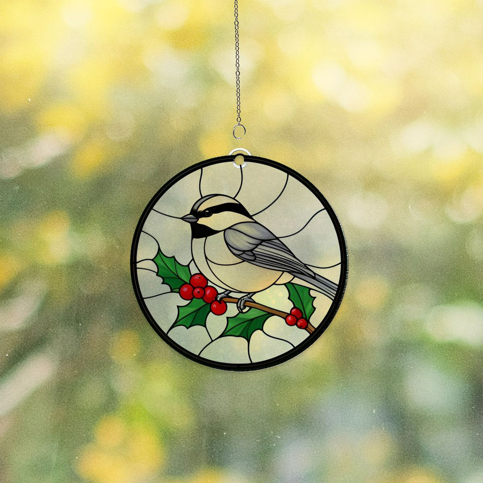 Holly Berry Chickadee Circle Acrylic Suncatcher