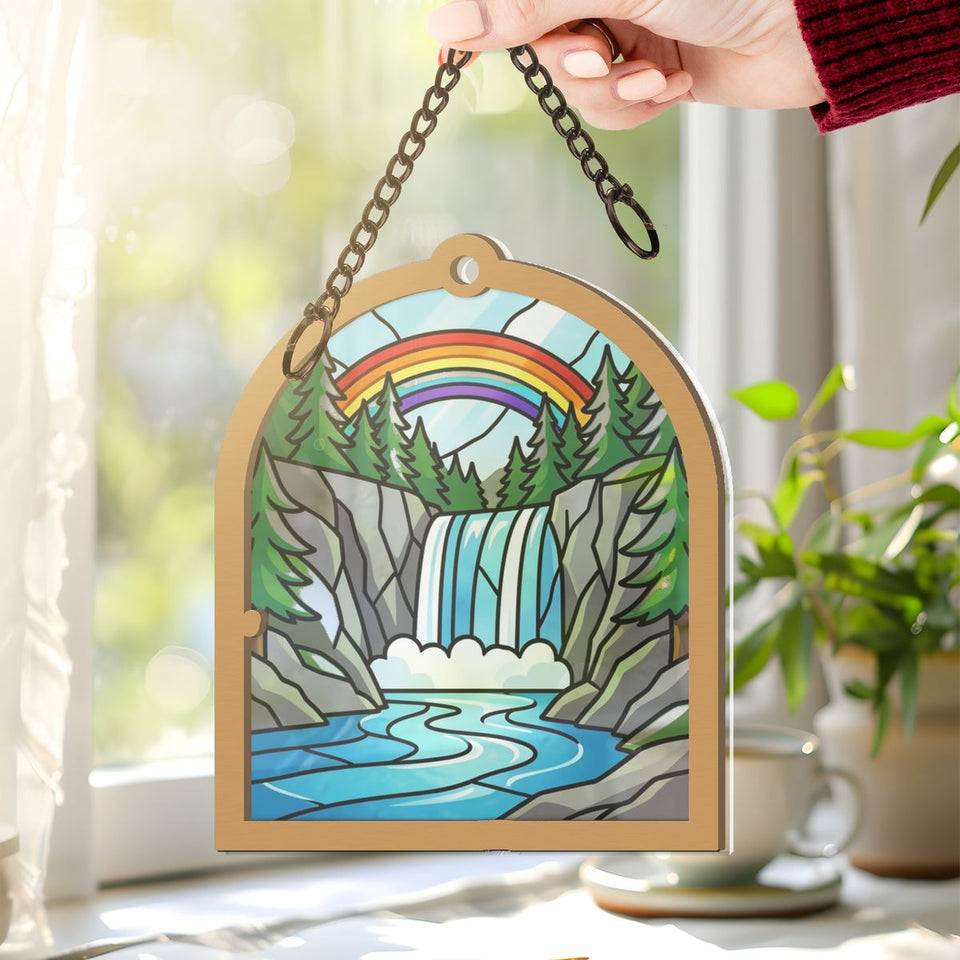 Mountain Waterfall Forest Window Hanging Suncatcher