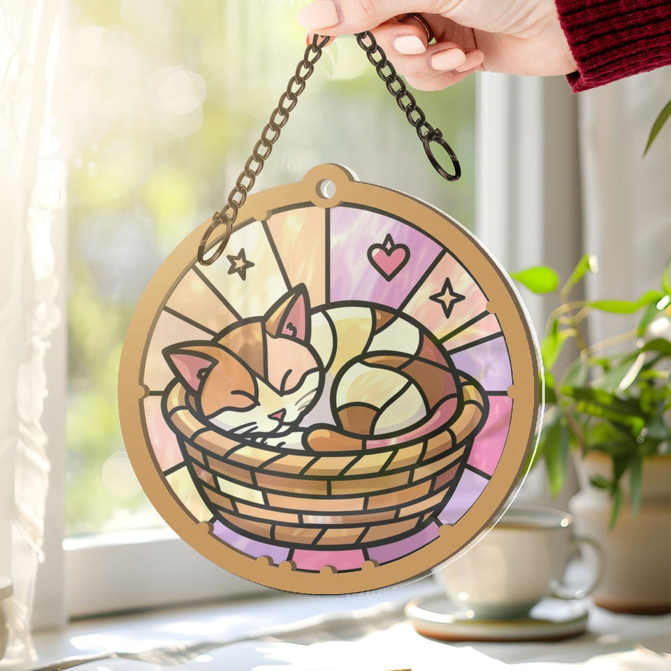 Sleeping Kitten Basket Circle Window Hanging Suncatcher