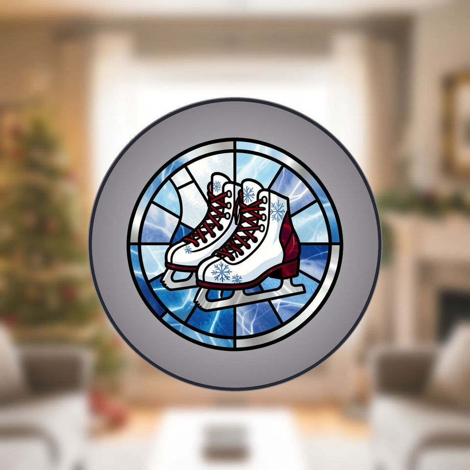 Ice Skates Snowflake Circle Stained Glass Suncatcher