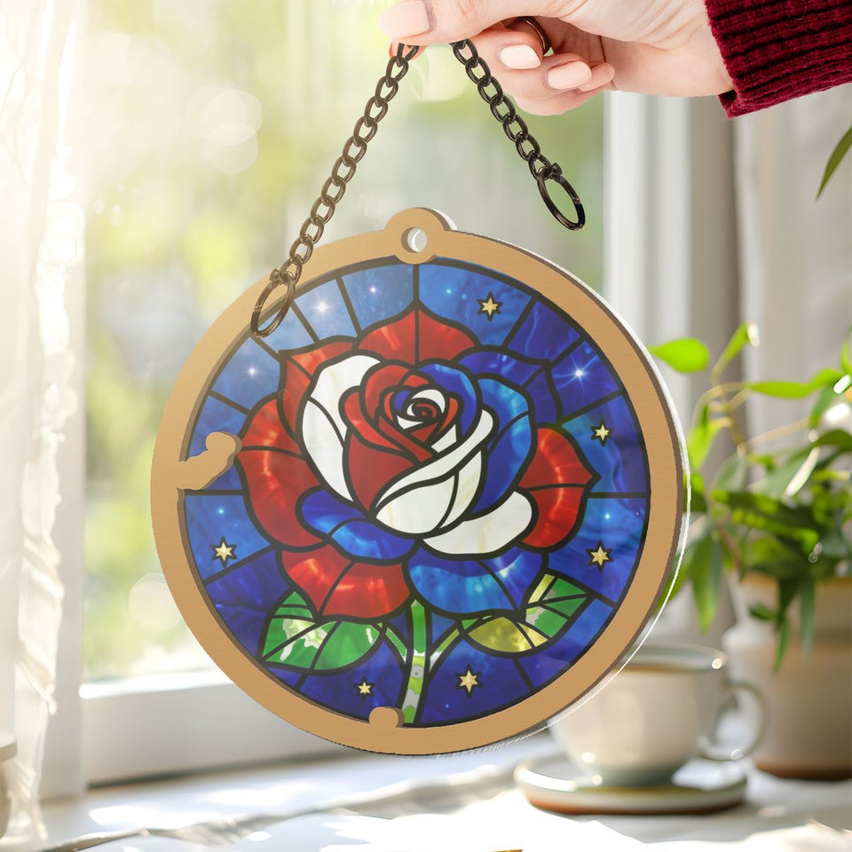 Old Glory Rose Circle Window Hanging Suncatcher