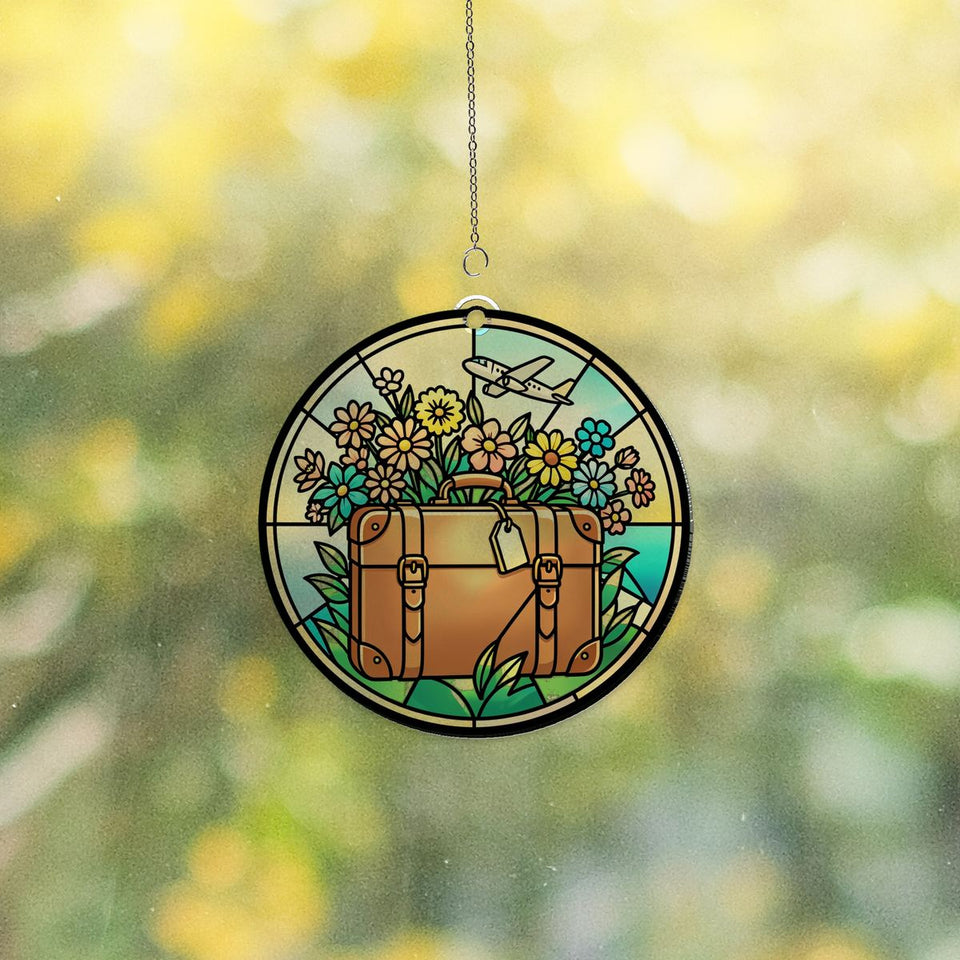 Vintage Suitcase Wildflowers Circle Acrylic Suncatcher