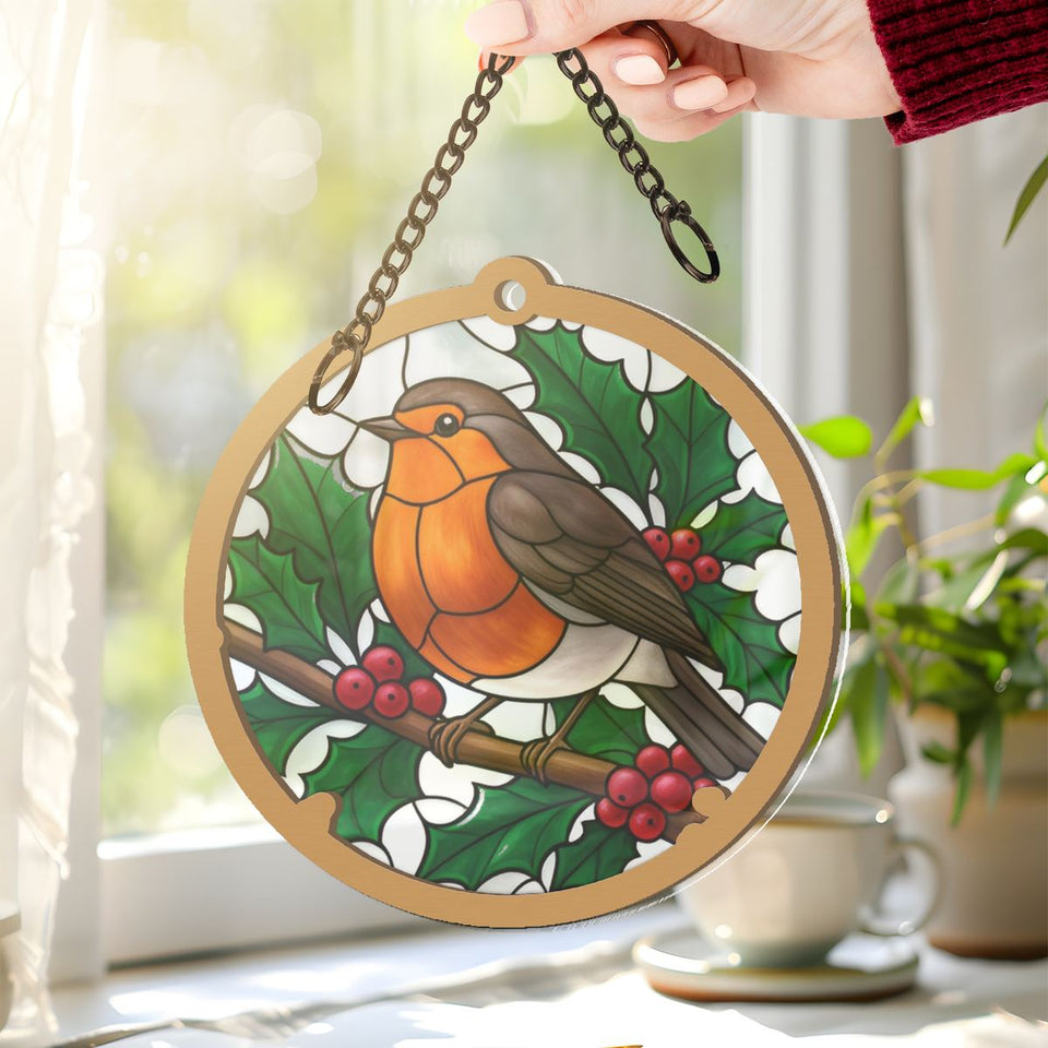 Winter Robin Berry Branch Window Hanging Suncatcher