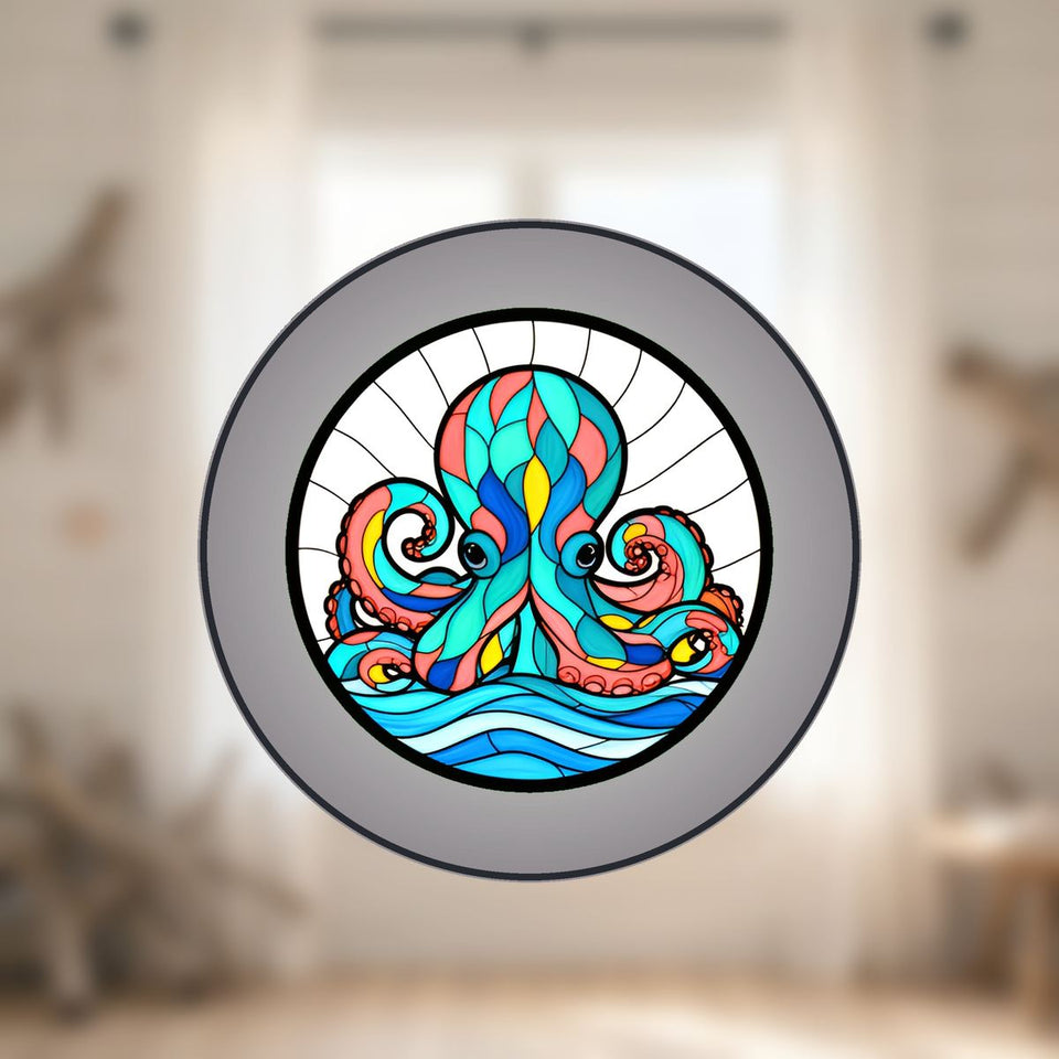 Curious Octopus Wave Circle Stained Glass Suncatcher