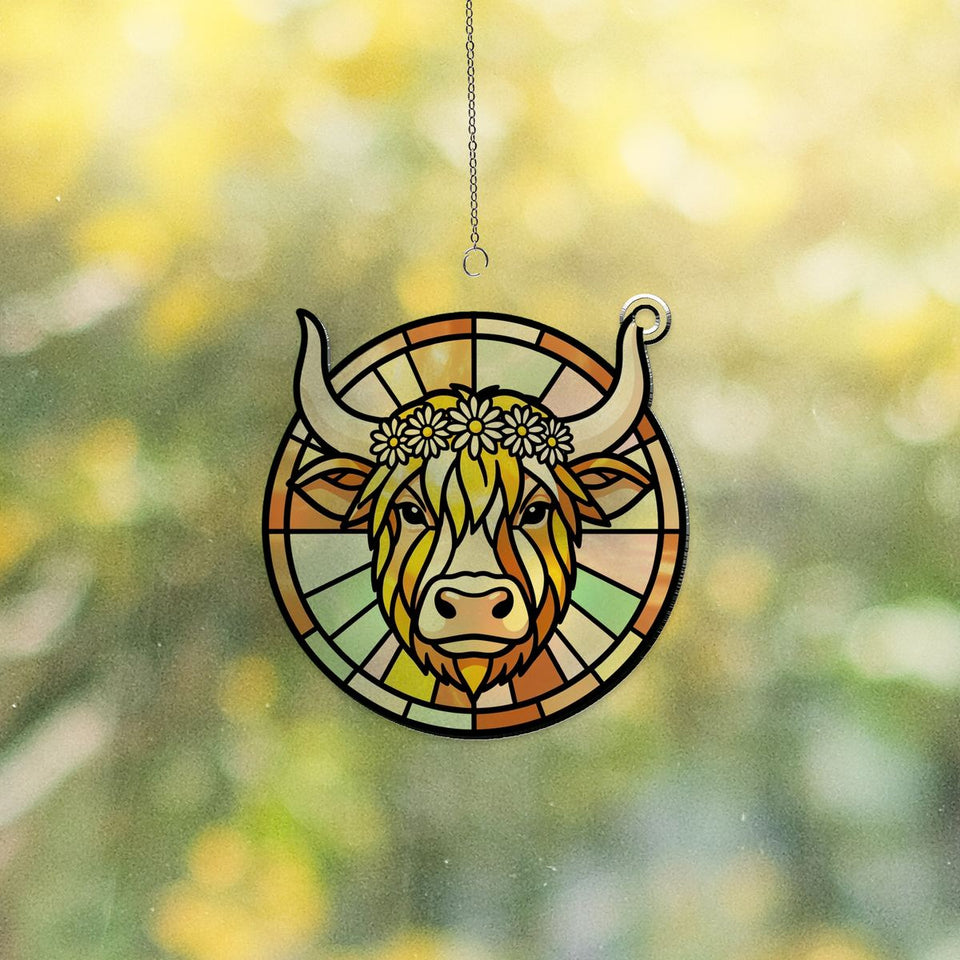 Highland Cow Wildflower Circle Acrylic Suncatcher