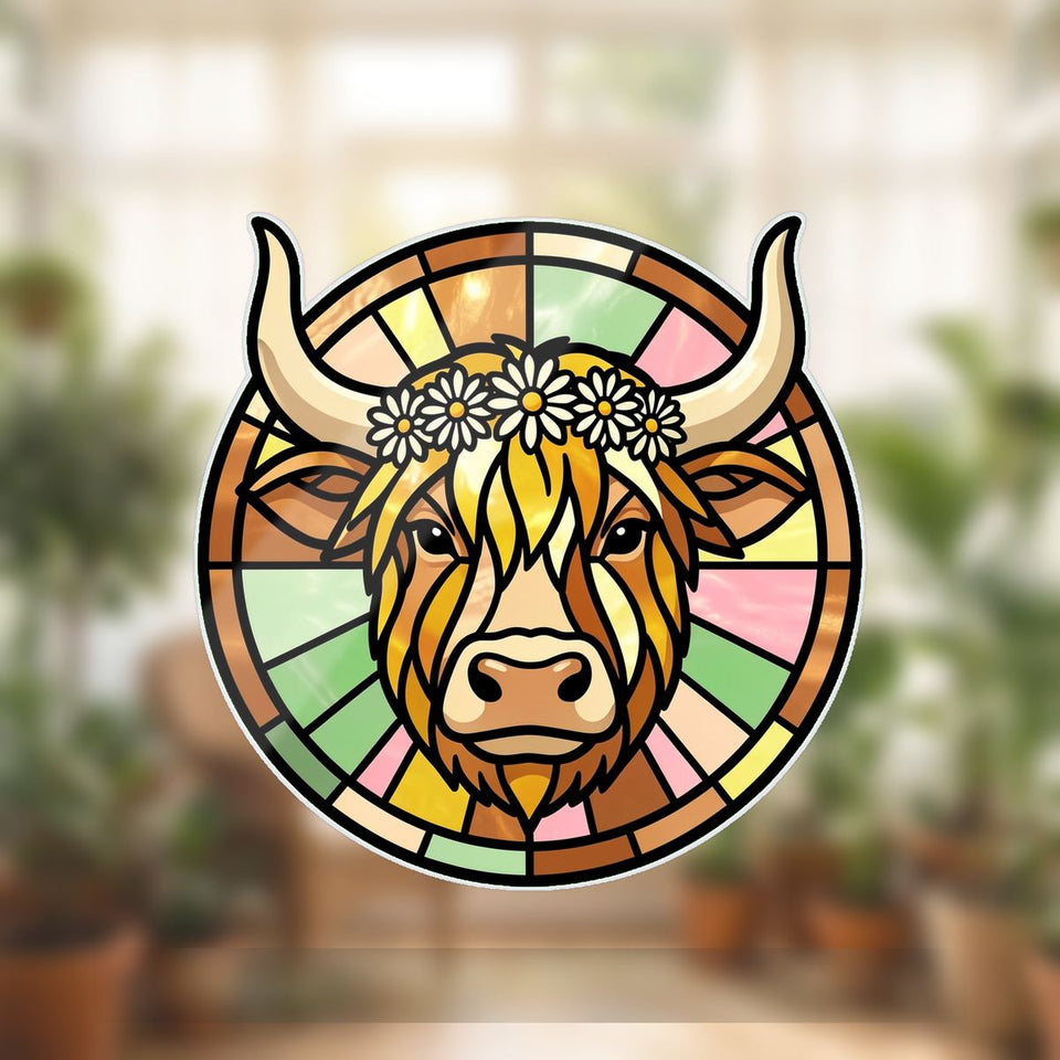 Highland Cow Wildflower Circle Wavy Acrylic Suncatcher Ornament