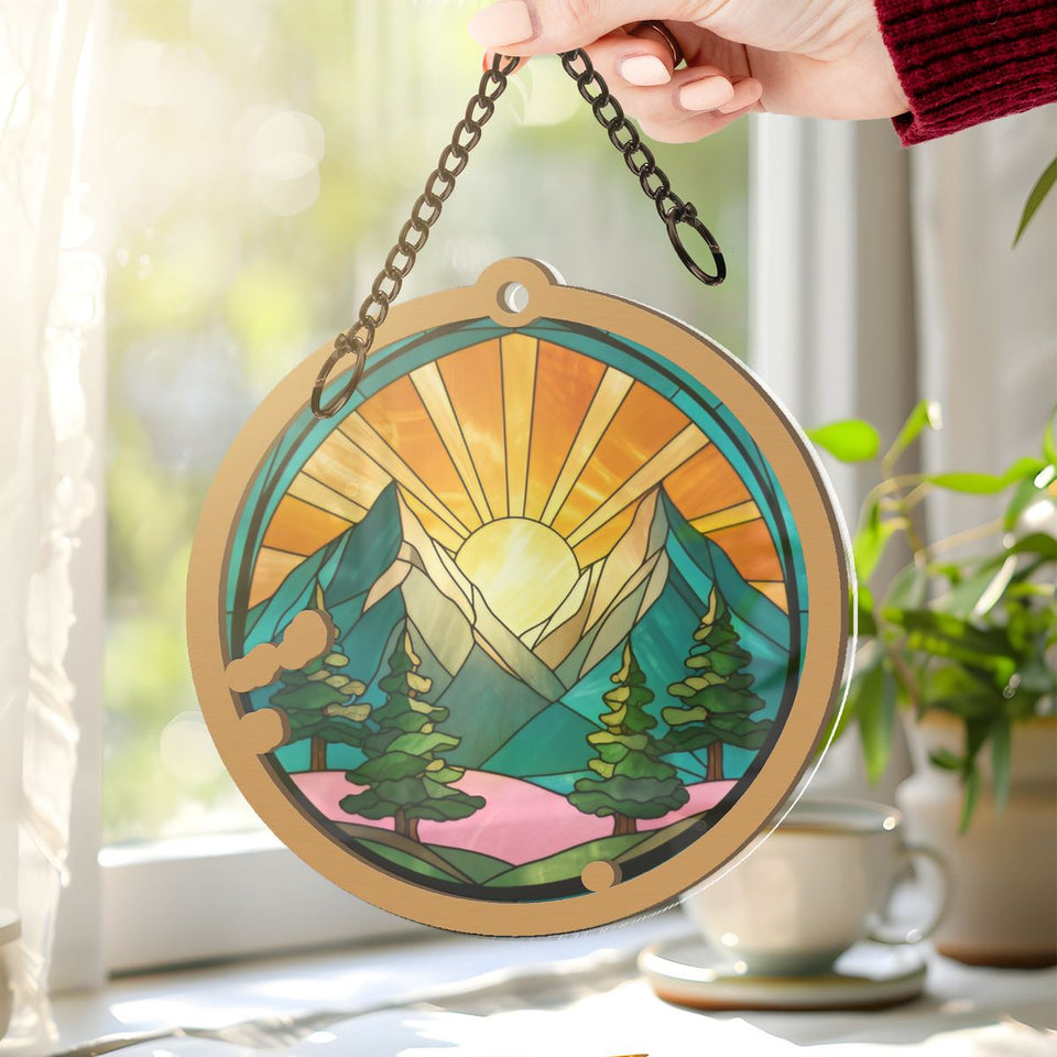 Mountain Pine Sunrise Circle Window Hanging Suncatcher