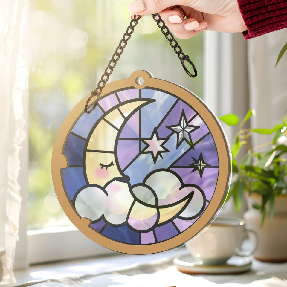 Sleepy Moon Cloud Circle Window Hanging Suncatcher