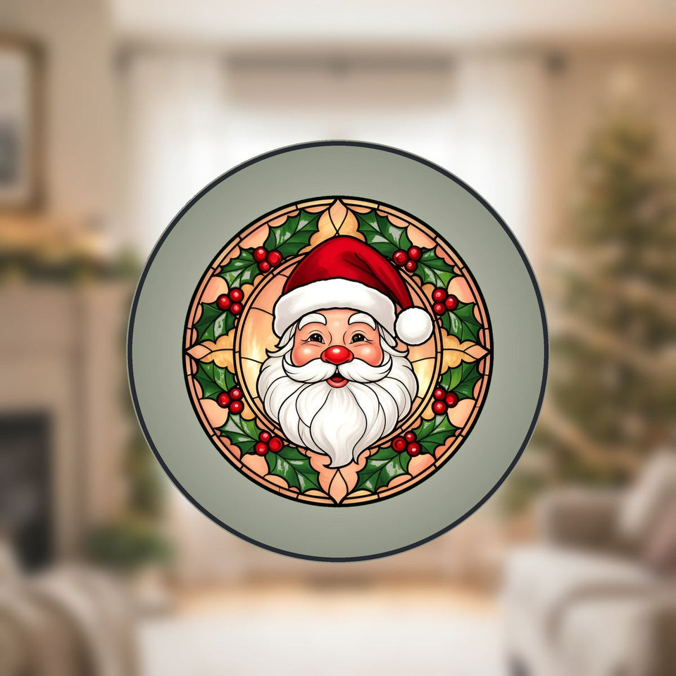 Santa Face Holly Circle Stained Glass Suncatcher