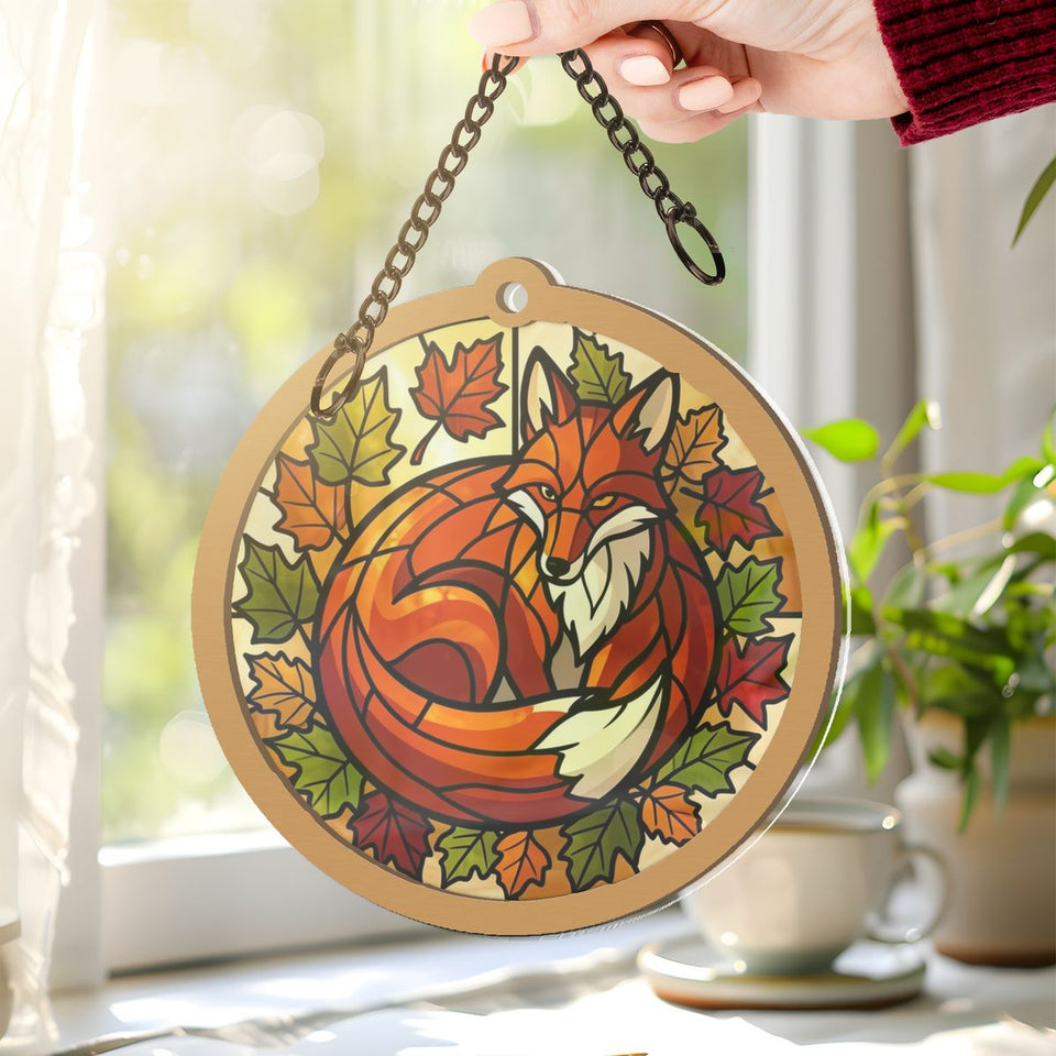 Autumn Fox Leaves Circle Window Hanging Suncatcher