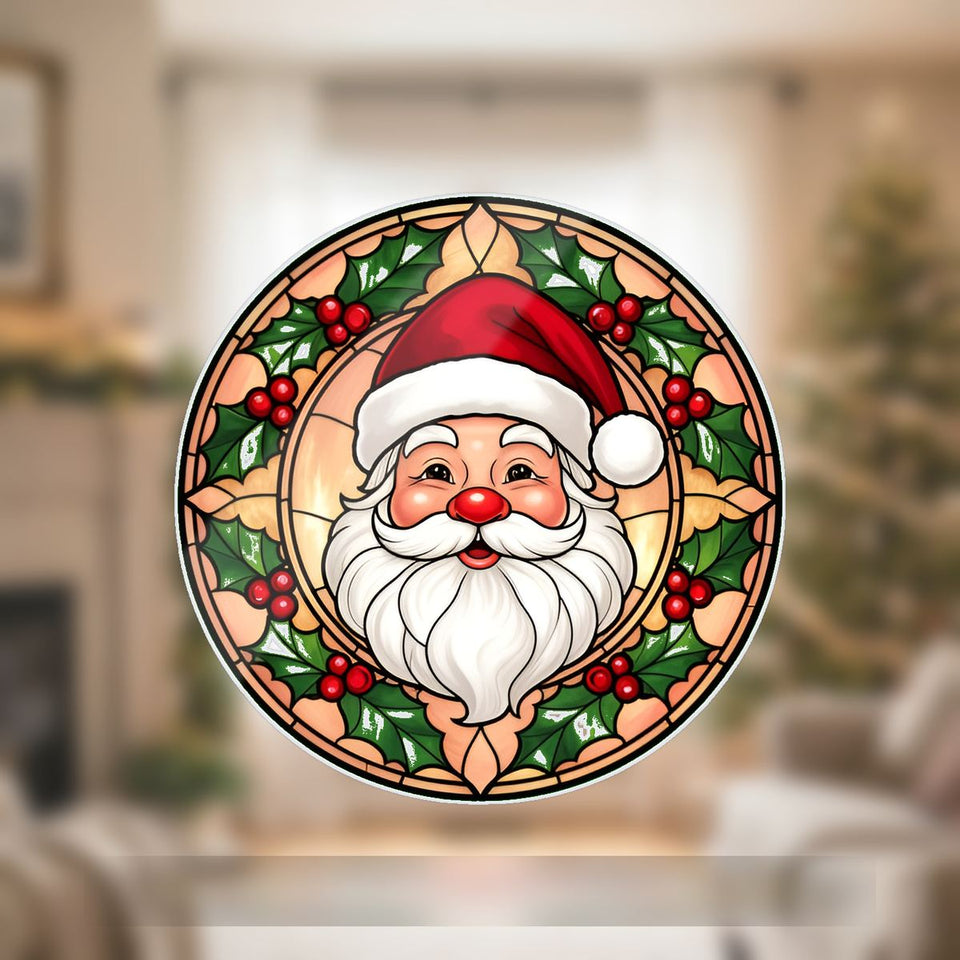 Santa Face Holly Circle Wavy Acrylic Suncatcher Ornament