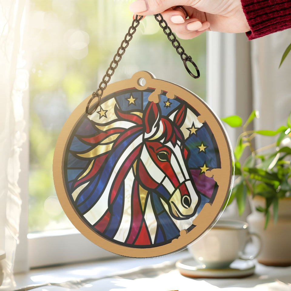 Patriotic Horse Stars Circle Window Hanging Suncatcher