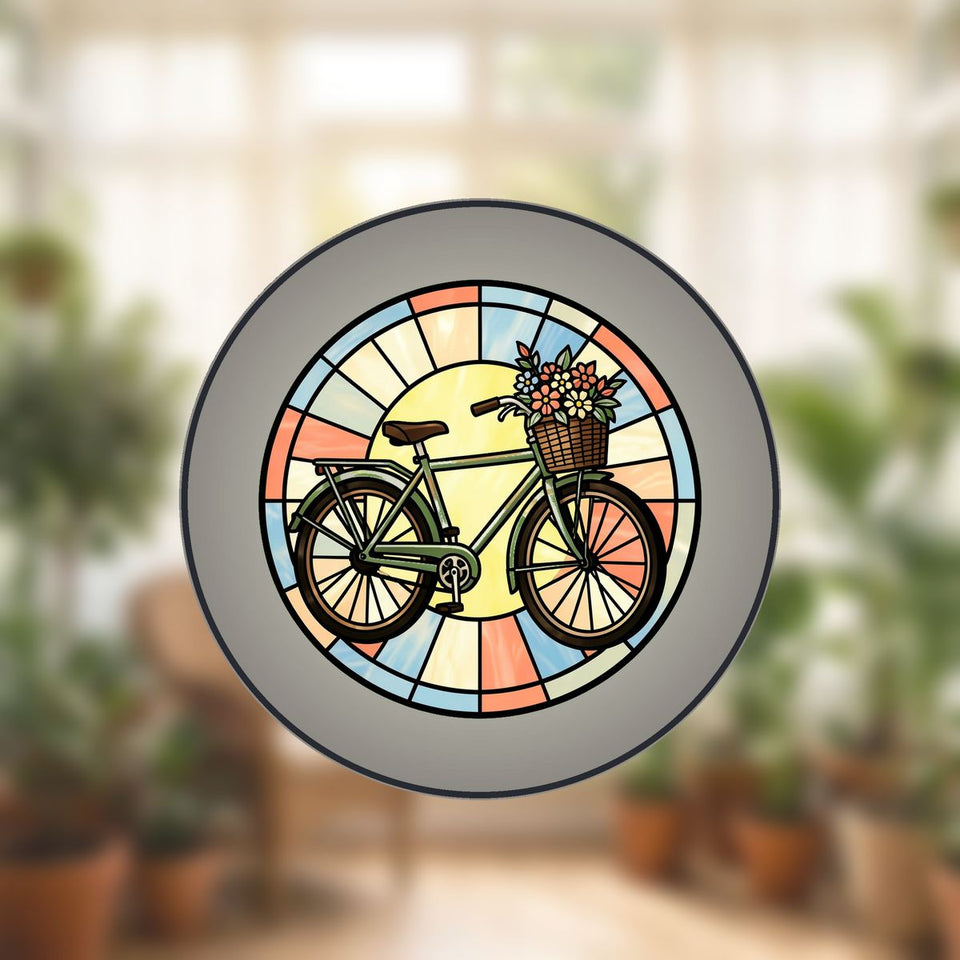 Flower Basket Bicycle Circle Stained Glass Suncatcher