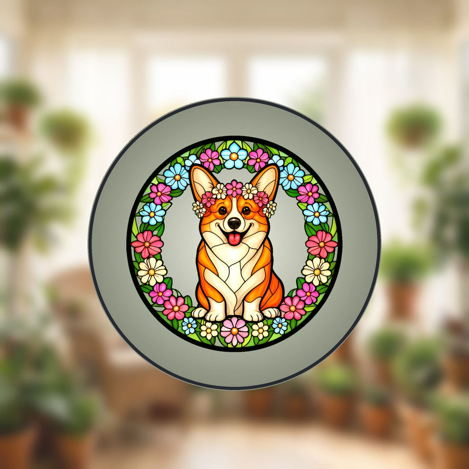 Corgi Wildflower Circle Stained Glass Suncatcher