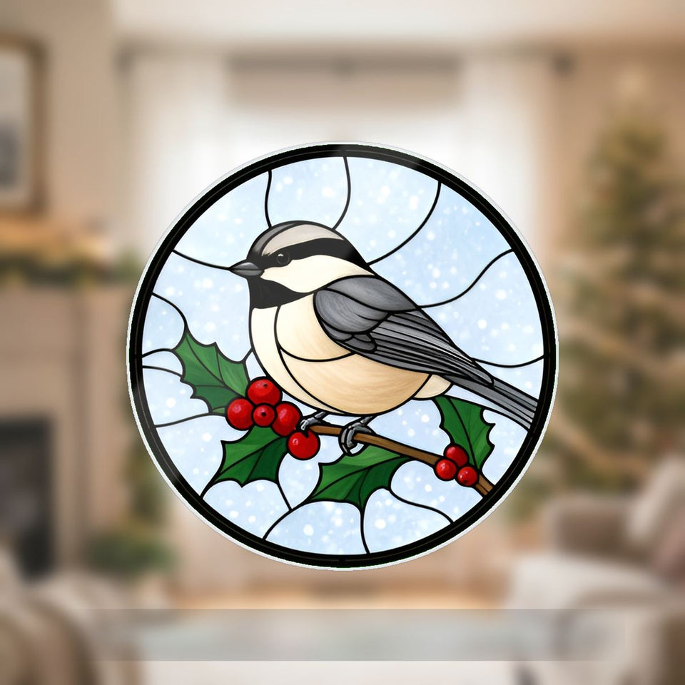 Holly Berry Chickadee Circle Wavy Acrylic Suncatcher Ornament