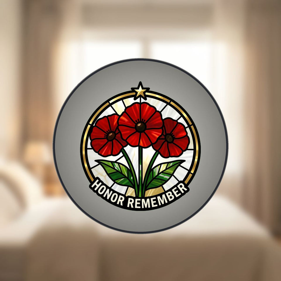 Red Poppy Veterans Circle Stained Glass Suncatcher