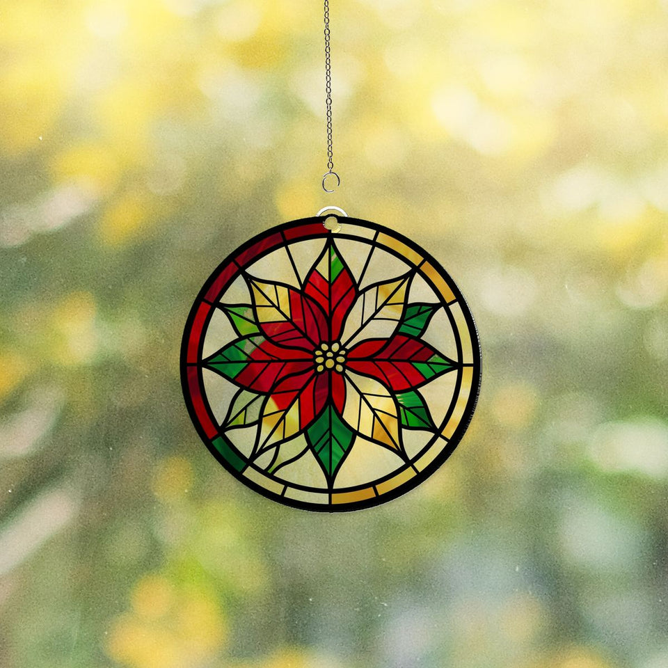 Poinsettia Wreath Circle Acrylic Suncatcher